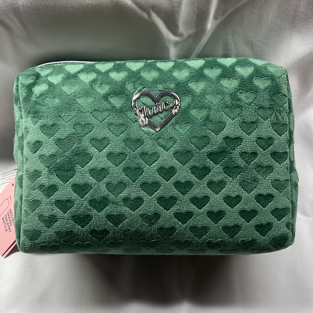 NWT Juicy Couture Green Hearts Velour Makeup Bag